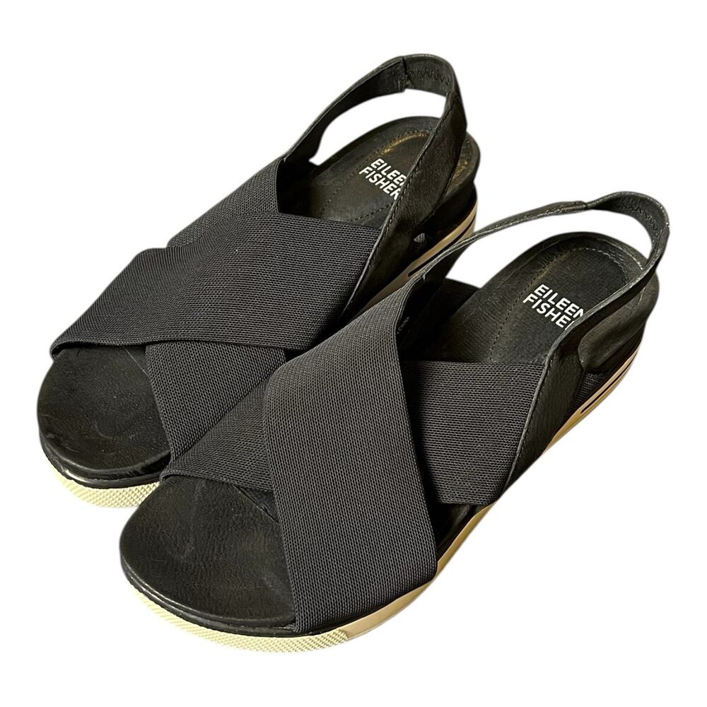 Eileen Fisher Platform Sandals Womens 6 Good Crisscross Black Nubuck Leather